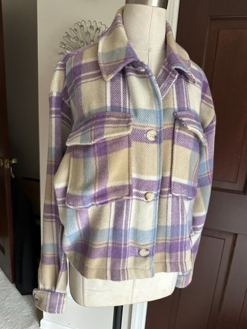 For the Republic purple beige plaid shorter button down jacket Large